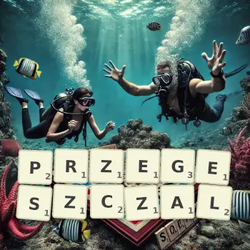 Kreatywna ilustracja do gry w Scrabble ze słowem PRZEGESZCZAL ułożonym z płytek na planszy.
