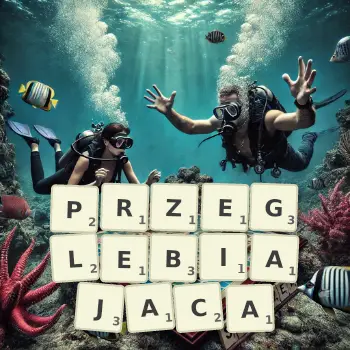 Kreatywna ilustracja do gry w Scrabble ze słowem PRZEGLEBIAJACA ułożonym z płytek na planszy.