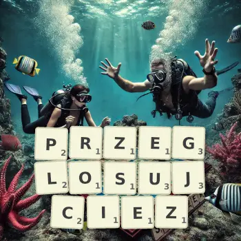 Kreatywna ilustracja do gry w Scrabble ze słowem PRZEGLOSUJCIEZ ułożonym z płytek na planszy.