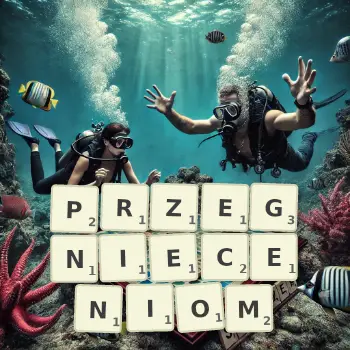 Kreatywna ilustracja do gry w Scrabble ze słowem PRZEGNIECENIOM ułożonym z płytek na planszy.