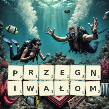 Kreatywna ilustracja do gry w Scrabble ze słowem PRZEGNIWAŁOM ułożonym z płytek na planszy.