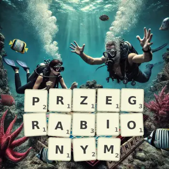 Kreatywna ilustracja do gry w Scrabble ze słowem PRZEGRABIONYM ułożonym z płytek na planszy.