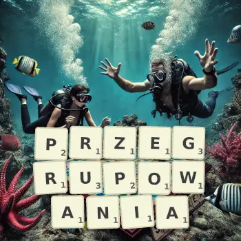 Kreatywna ilustracja do gry w Scrabble ze słowem PRZEGRUPOWANIA ułożonym z płytek na planszy.