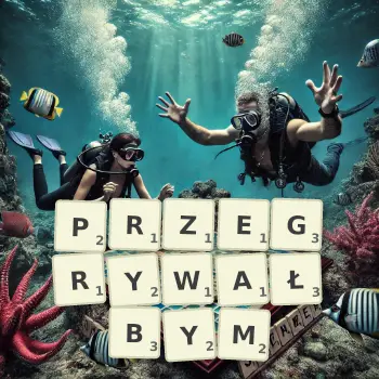 Kreatywna ilustracja do gry w Scrabble ze słowem PRZEGRYWAŁBYM ułożonym z płytek na planszy.