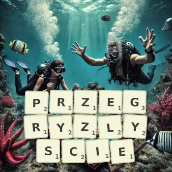 Kreatywna ilustracja do gry w Scrabble ze słowem PRZEGRYZLYSCIE ułożonym z płytek na planszy.