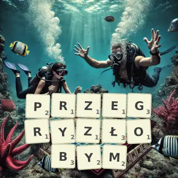 Kreatywna ilustracja do gry w Scrabble ze słowem PRZEGRYZŁOBYM ułożonym z płytek na planszy.