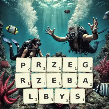 Kreatywna ilustracja do gry w Scrabble ze słowem PRZEGRZEBALBYS ułożonym z płytek na planszy.