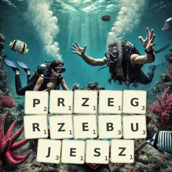 Kreatywna ilustracja do gry w Scrabble ze słowem PRZEGRZEBUJESZ ułożonym z płytek na planszy.