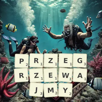 Kreatywna ilustracja do gry w Scrabble ze słowem PRZEGRZEWAJMY ułożonym z płytek na planszy.