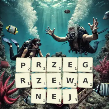 Kreatywna ilustracja do gry w Scrabble ze słowem PRZEGRZEWANEJ ułożonym z płytek na planszy.
