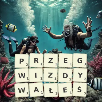 Kreatywna ilustracja do gry w Scrabble ze słowem PRZEGWIZDYWAŁEŚ ułożonym z płytek na planszy.