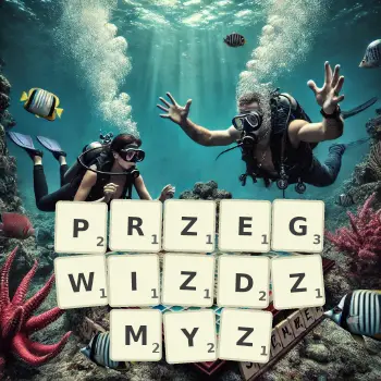 Kreatywna ilustracja do gry w Scrabble ze słowem PRZEGWIZDZMYZ ułożonym z płytek na planszy.