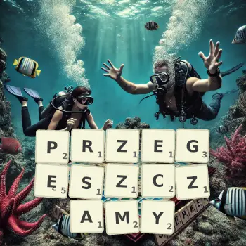 Kreatywna ilustracja do gry w Scrabble ze słowem PRZEGĘSZCZAMY ułożonym z płytek na planszy.