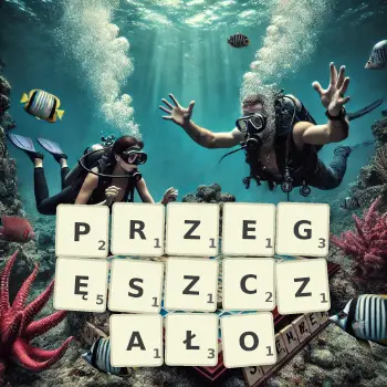 Kreatywna ilustracja do gry w Scrabble ze słowem PRZEGĘSZCZAŁO ułożonym z płytek na planszy.