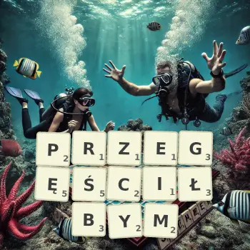 Kreatywna ilustracja do gry w Scrabble ze słowem PRZEGĘŚCIŁBYM ułożonym z płytek na planszy.
