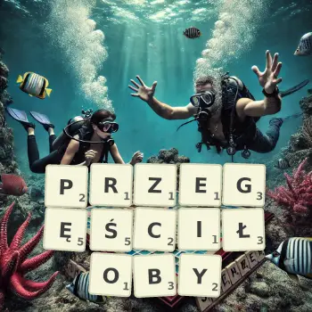 Kreatywna ilustracja do gry w Scrabble ze słowem PRZEGĘŚCIŁOBY ułożonym z płytek na planszy.
