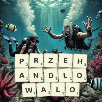 Kreatywna ilustracja do gry w Scrabble ze słowem PRZEHANDLOWALO ułożonym z płytek na planszy.
