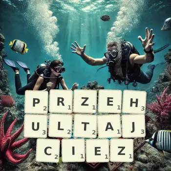Kreatywna ilustracja do gry w Scrabble ze słowem PRZEHULTAJCIEZ ułożonym z płytek na planszy.