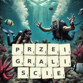 Kreatywna ilustracja do gry w Scrabble ze słowem PRZEIGRALISCIE ułożonym z płytek na planszy.