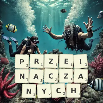 Kreatywna ilustracja do gry w Scrabble ze słowem PRZEINACZANYCH ułożonym z płytek na planszy.