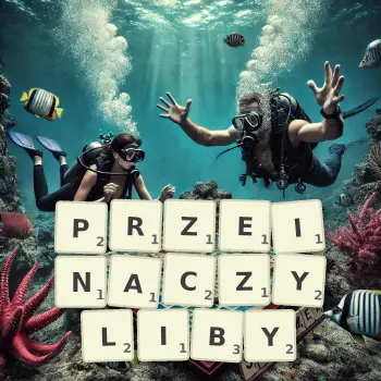 Kreatywna ilustracja do gry w Scrabble ze słowem PRZEINACZYLIBY ułożonym z płytek na planszy.