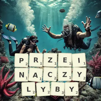 Kreatywna ilustracja do gry w Scrabble ze słowem PRZEINACZYLYBY ułożonym z płytek na planszy.