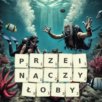 Kreatywna ilustracja do gry w Scrabble ze słowem PRZEINACZYŁOBY ułożonym z płytek na planszy.
