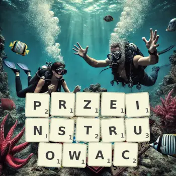 Kreatywna ilustracja do gry w Scrabble ze słowem PRZEINSTRUOWAC ułożonym z płytek na planszy.