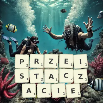Kreatywna ilustracja do gry w Scrabble ze słowem PRZEISTACZACIE ułożonym z płytek na planszy.