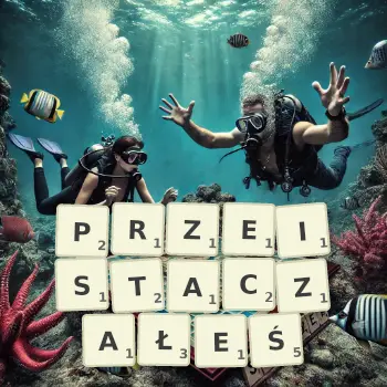 Kreatywna ilustracja do gry w Scrabble ze słowem PRZEISTACZAŁEŚ ułożonym z płytek na planszy.