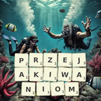 Kreatywna ilustracja do gry w Scrabble ze słowem PRZEJAKIWANIOM ułożonym z płytek na planszy.