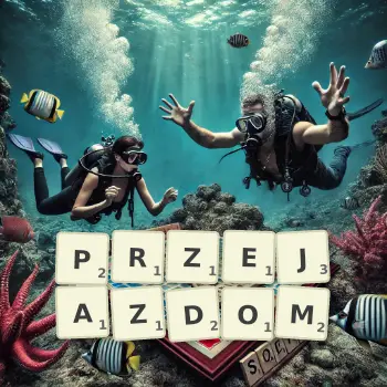 Kreatywna ilustracja do gry w Scrabble ze słowem PRZEJAZDOM ułożonym z płytek na planszy.