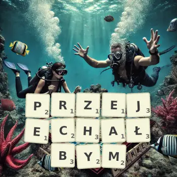 Kreatywna ilustracja do gry w Scrabble ze słowem PRZEJECHAŁBYM ułożonym z płytek na planszy.