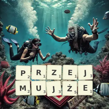 Kreatywna ilustracja do gry w Scrabble ze słowem PRZEJMUJŻE ułożonym z płytek na planszy.