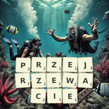 Kreatywna ilustracja do gry w Scrabble ze słowem PRZEJRZEWACIE ułożonym z płytek na planszy.
