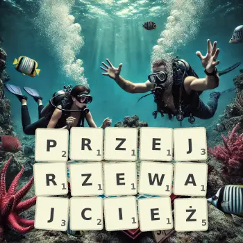 Kreatywna ilustracja do gry w Scrabble ze słowem PRZEJRZEWAJCIEŻ ułożonym z płytek na planszy.