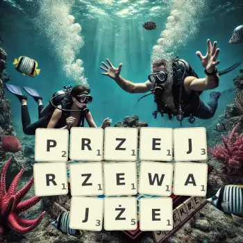 Kreatywna ilustracja do gry w Scrabble ze słowem PRZEJRZEWAJŻE ułożonym z płytek na planszy.