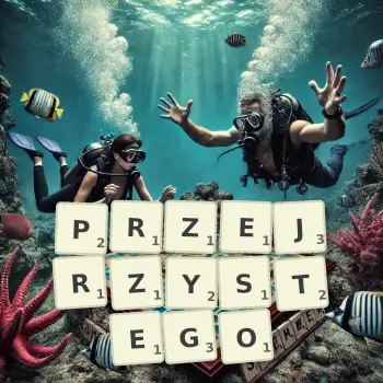 Kreatywna ilustracja do gry w Scrabble ze słowem PRZEJRZYSTEGO ułożonym z płytek na planszy.