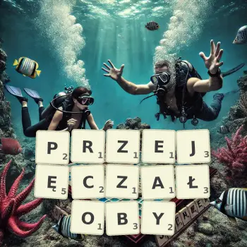 Kreatywna ilustracja do gry w Scrabble ze słowem PRZEJĘCZAŁOBY ułożonym z płytek na planszy.
