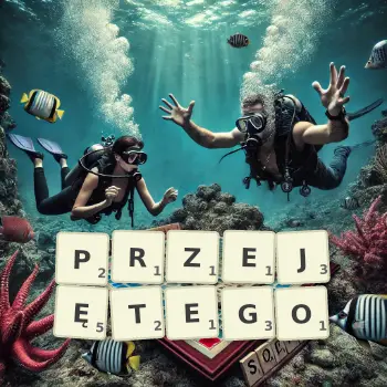 Kreatywna ilustracja do gry w Scrabble ze słowem PRZEJĘTEGO ułożonym z płytek na planszy.