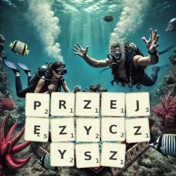 Kreatywna ilustracja do gry w Scrabble ze słowem PRZEJĘZYCZYSZ ułożonym z płytek na planszy.