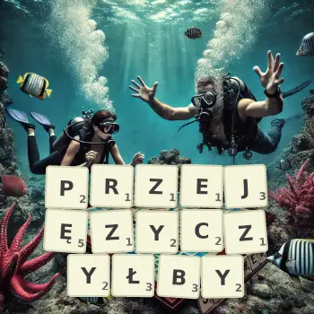 Kreatywna ilustracja do gry w Scrabble ze słowem PRZEJĘZYCZYŁBY ułożonym z płytek na planszy.