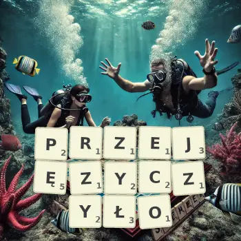 Kreatywna ilustracja do gry w Scrabble ze słowem PRZEJĘZYCZYŁO ułożonym z płytek na planszy.