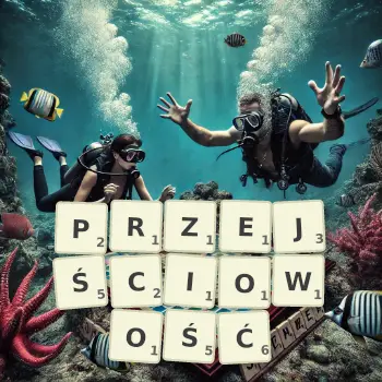 Kreatywna ilustracja do gry w Scrabble ze słowem PRZEJŚCIOWOŚĆ ułożonym z płytek na planszy.