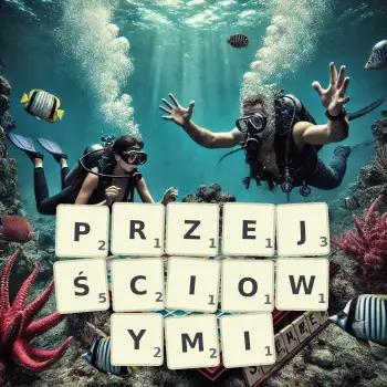 Kreatywna ilustracja do gry w Scrabble ze słowem PRZEJŚCIOWYMI ułożonym z płytek na planszy.
