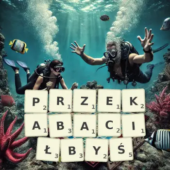 Kreatywna ilustracja do gry w Scrabble ze słowem PRZEKABACIŁBYŚ ułożonym z płytek na planszy.