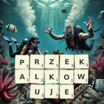 Kreatywna ilustracja do gry w Scrabble ze słowem PRZEKALKOWUJE ułożonym z płytek na planszy.