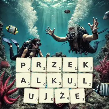 Kreatywna ilustracja do gry w Scrabble ze słowem PRZEKALKULUJŻE ułożonym z płytek na planszy.