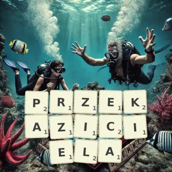 Kreatywna ilustracja do gry w Scrabble ze słowem PRZEKAZICIELA ułożonym z płytek na planszy.
