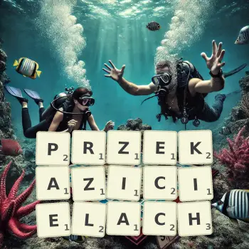 Kreatywna ilustracja do gry w Scrabble ze słowem PRZEKAZICIELACH ułożonym z płytek na planszy.